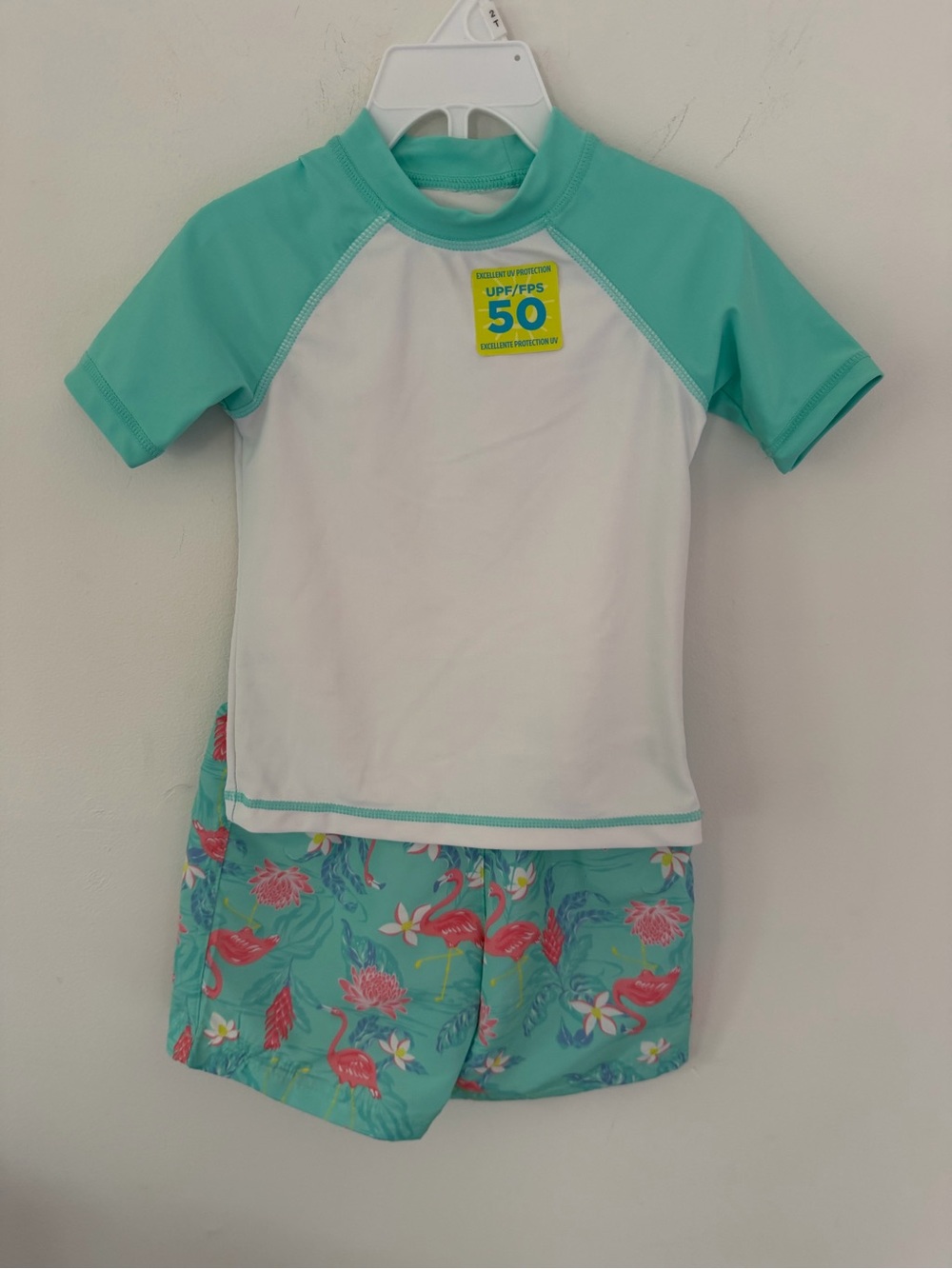 Tommy Bahama Mint Green & White Kids Rash Guard Set with Flamingo Print Trunks